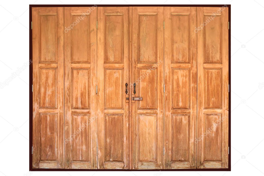 Old teak entrance wooden door or window isolated on white backgroun
