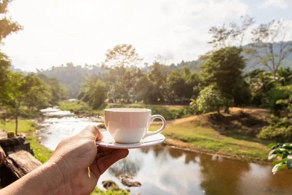 Hand Holding White Cup Hot Espresso Coffee Mugs Nature View — Stock Photo, Image