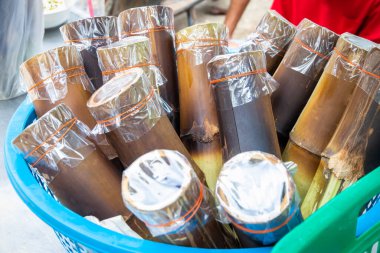 Sticky rice cooked in a bamboo tube by adding coconut milk and then burning until cooked,Khao Lam is popular with Thai people