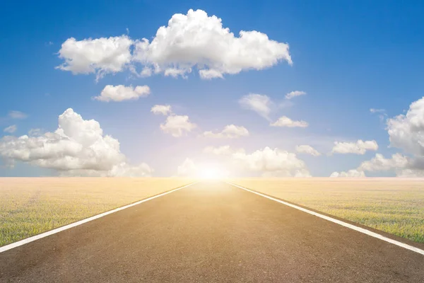 Yol, siyah asfalt yol ve yeşil çim yol kenarlı beyaz çizgi işareti ve mavi gökyüzü arka planı, bir sonraki adım için konsept.