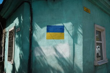Evin duvarına Ukrayna bayrağı boyanmış..
