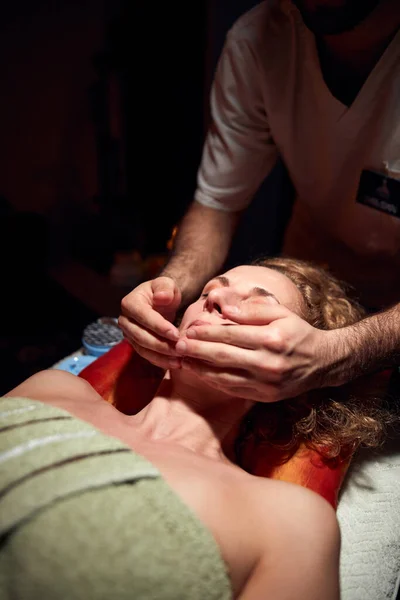 Woman Massaging Chiropracting Table Treatment Body Face Skin Tension — Stock Photo, Image