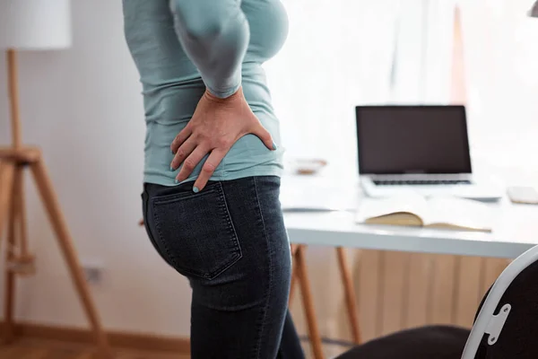 Woman Hip Back Spine Spasm Cramp Pain Working Home Troubles — Stock Photo, Image