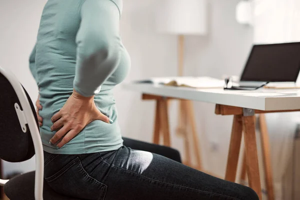 Woman Hip Back Spine Spasm Cramp Pain Working Home Troubles — Stock Photo, Image