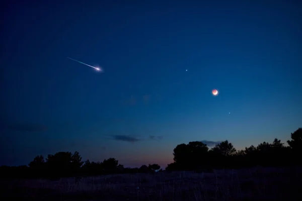 Landscape Silhouette Evening Sky Crescent Moon Eclipse Meteor Shooting Star — Stock fotografie
