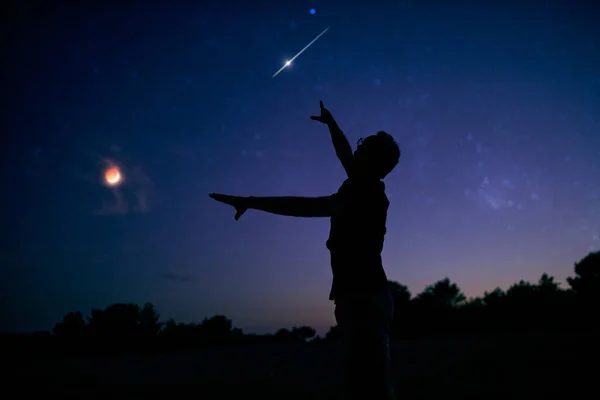 Silhouette Homme Jouissant Une Campagne Sous Ciel Étoilé — Photo