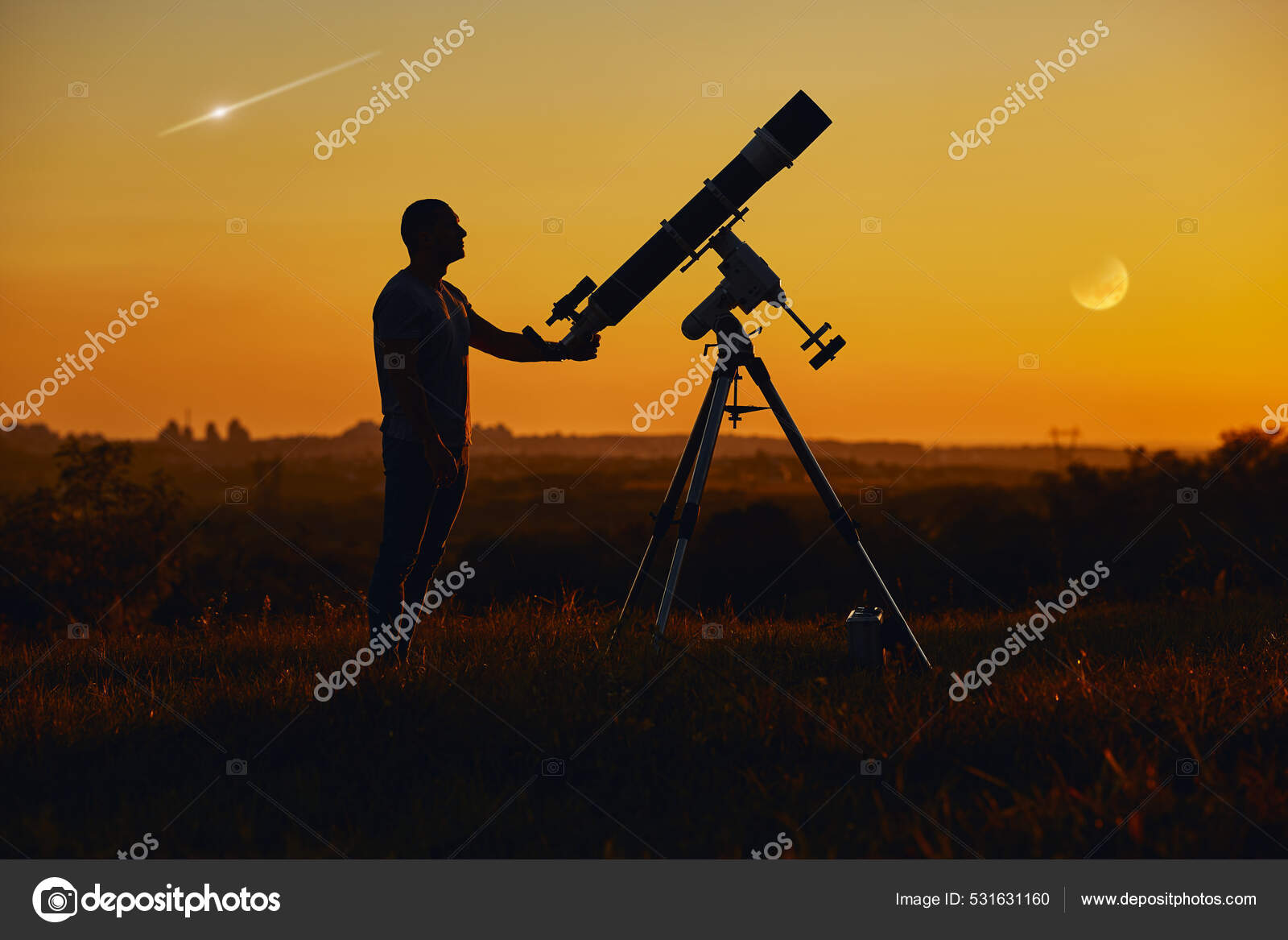Silhouette Man Astronomical Telescope Countryside Lunar Eclipse