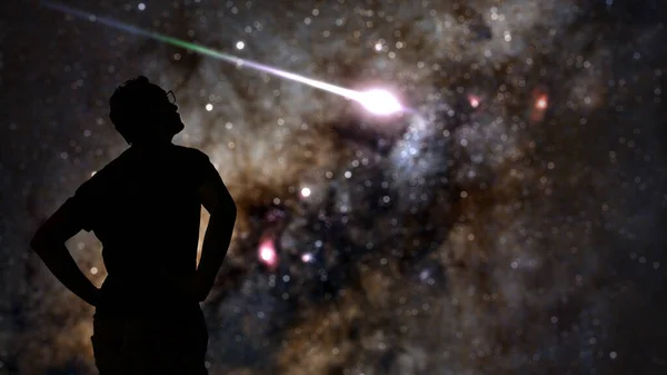 Silhouette Man Stargazing Milky Way Skies — Stock fotografie