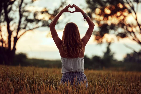 Woman Nature Holding Heart Shape Symbol Made Hands — Stock Photo, Image