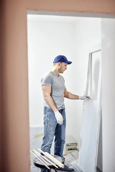 Young Adult Man Painting Fixing Diy Budget Renovation His New — Stock Photo, Image