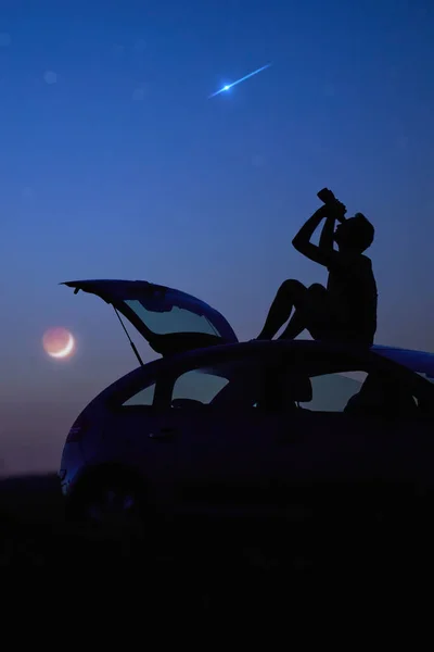 Silhouette Man Car Countryside Starry Skies — Photo
