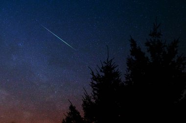 Meteorlu akşam gökyüzü, kayan yıldızlar ve Samanyolu.