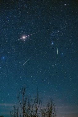 Meteorlu akşam gökyüzü, kayan yıldızlar ve Samanyolu.
