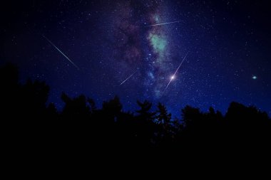Meteorlu akşam gökyüzü, kayan yıldızlar ve Samanyolu.