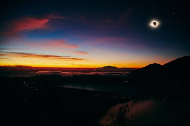 Renkli bir gökyüzünde güneş tutulması.