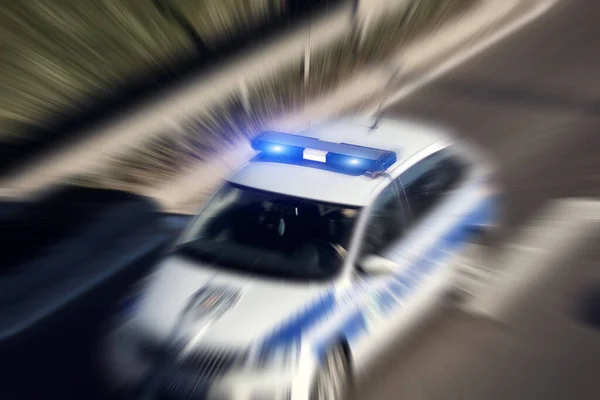 Police Car Blue Lights Moving Fast Traffic Urban Environment — Stock Photo, Image