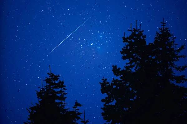 Sziluettek Tejút Hullócsillagok Élénk Éjszakai Égbolton — Stock Fotó