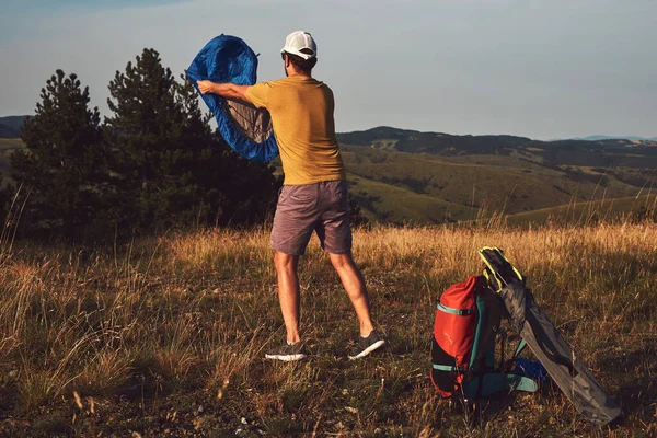 Man Camping Nature Unpacking Packing Small Tent Outdoors Recreation Hobbies — Stock Photo, Image