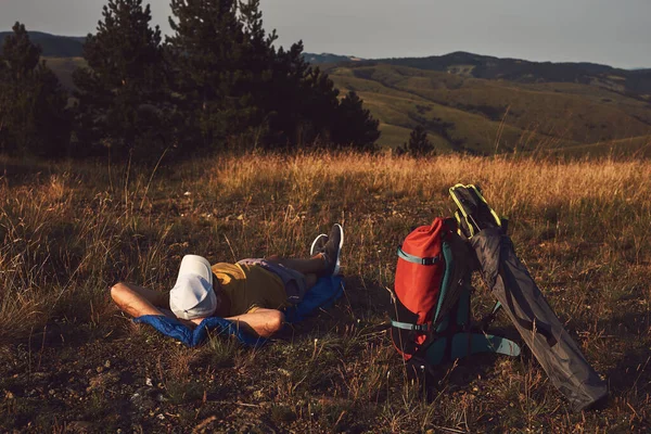 Man Camping Nature Unpacking Packing Small Tent Outdoors Recreation Hobbies — Stock Photo, Image