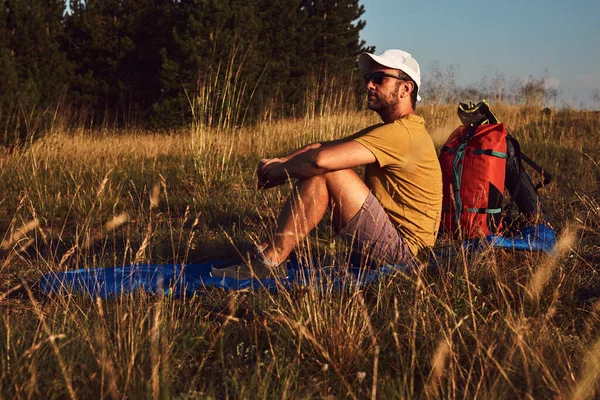 Man Camping Nature Unpacking Packing Small Tent Outdoors Recreation Hobbies — Stock Photo, Image