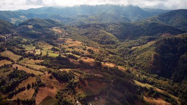 Sonbahar renklerinde kırsal tepe manzarası.