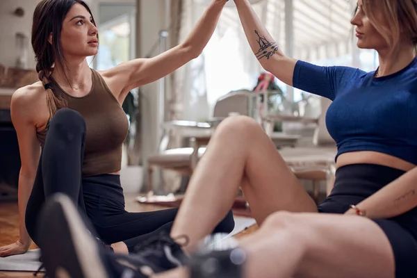 Evde çalışan güzel kadınlar. Güzel vücutlu yetişkin kadınlar dairede egzersiz yapıyor..