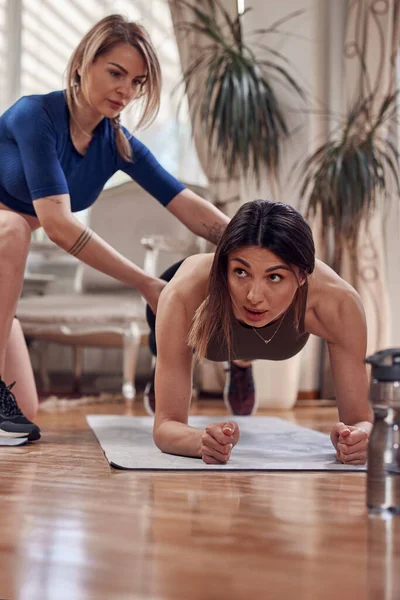 Pretty women working out at home. Adult ladies with beautiful shaped bodies exercising in the apartment.