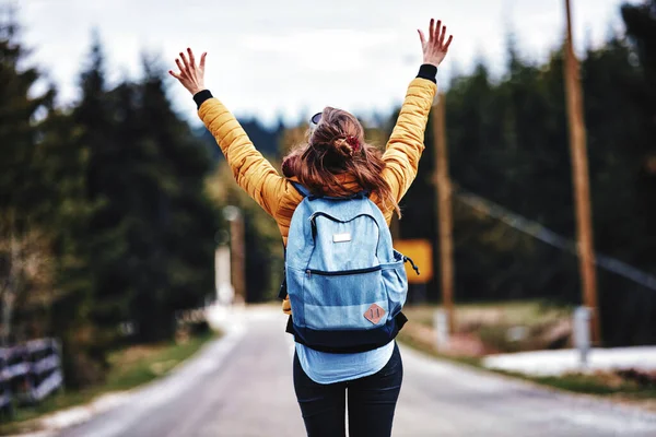 Young Woman Rucksack Arms Wide Opened Middle Road — Stock Photo, Image