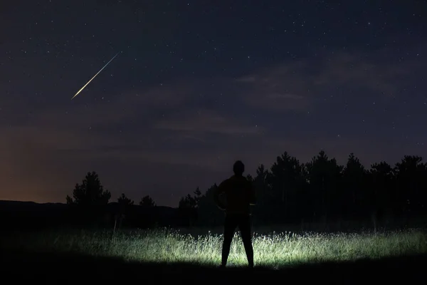 Mens Observeert Nachtelijke Hemel Natuur — Stockfoto