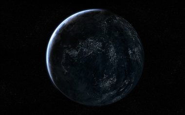 Dünya dışı bir dünya benzeri gezegen şehir ışıkları ile yörünge görünümü