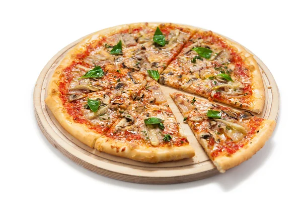 Isolated pizza on a wooden board — Stock Photo, Image
