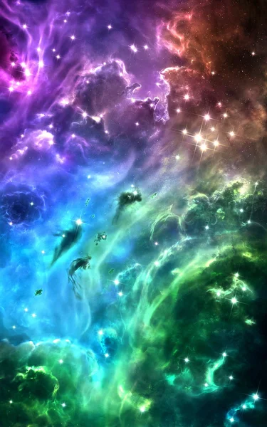 Rainbow colored nebulae surrounded by stars — Stock Photo, Image