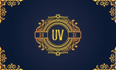 Kraliyet vintage baş harfi UV logosu. Bu logo, yaratıcı bir şekilde lüks yazı karakterine sahip. Hangi şirket veya markanın bu ilk adımı atadığı için uygun olacaktır..