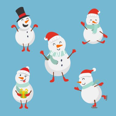 Şirin Kardan Adam kış karakter tasarımı seti. Noel vektör çizimi için Mutlu ve Komik karikatür.