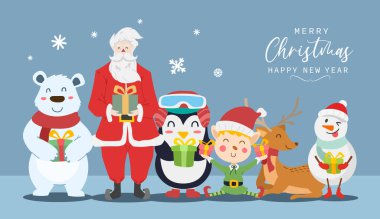 Mutlu Noeller ve Noel Baba, Ren Geyiği, Kutup Ayısı, Elf Çocuk, Kardan Adam ve Penguen çizgi filmiyle mutlu yıllar. Vektör illüstrasyonu.