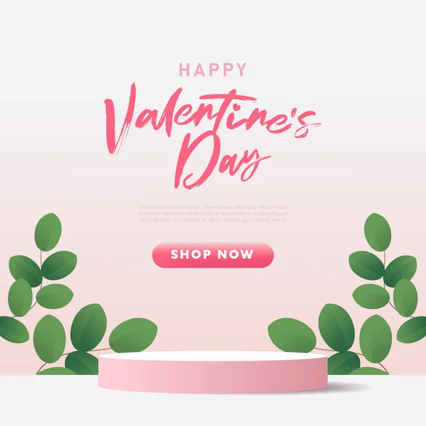 Walentynki Minimalna Scena Różowym Pastelowym Tle Cylindrycznym Podium Zielonymi Liśćmi — Wektor stockowy