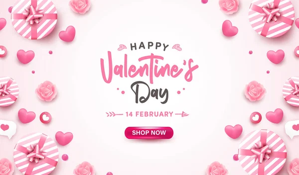 Mutlu Sevgililer Günü afişleri ya da arka planda 3D gerçekçi pembe kalp, hediye kutusu, pastel üzerine baloncuk konuşması. Hoş elementlerle romantik tebrik kartı tasarımı.