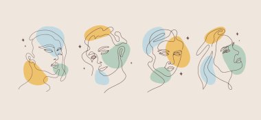 Zarif çizgi sanatında kadın yüzü. Modern şekilli, soyut, minimalist kadın sanatları seti. Vektör illüstrasyonu.