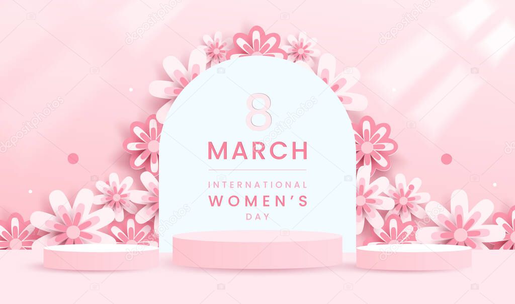 Minimal scene on pink pastel background with cylinder podium and flowers for women, valentine, mother day. Stage mockup showcase for product, sale, cosmetic and discount. 3d vector illustration.