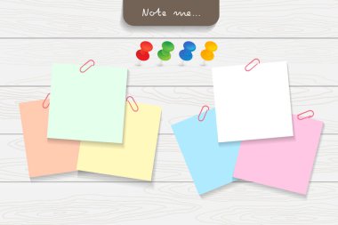 Farklı not kağıtları. Kağıt ve ofis elemanları. Nesne kavramını hatırlat. Vektör illüstrasyonu.