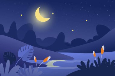 Bahar ve yaz ortamı arkaplanı ya da güzel çiçekler, yapraklar, dağ, manzara ve gökyüzü elementleriyle pankart tasarımı. EPS10 vektör illüstrasyonu.