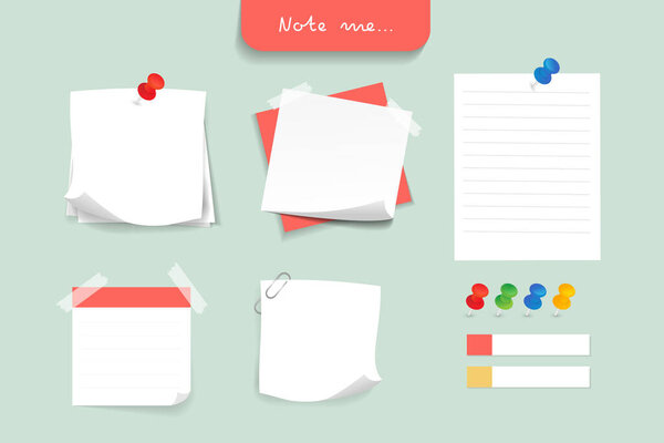 Set of different note papers. Paper note and office elements. Reminder object concept. Vector illustration.