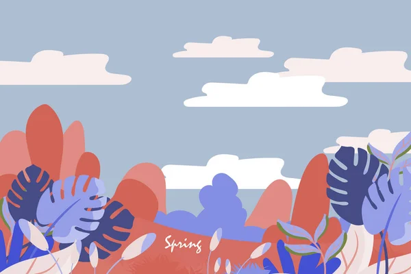 Весенний Летний Фон Дизайн Баннера Прекрасными Цветами Листьями Горой Ландшафтом — стоковый вектор