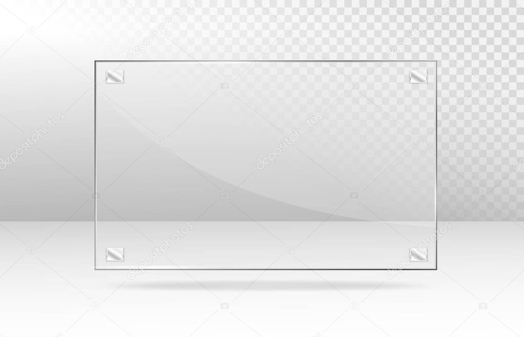 Realistic transparent glass window set. Collection of Glass plates on transparent background. Acrylic and glass texture with glares and light. Rectangle frame. Vector.