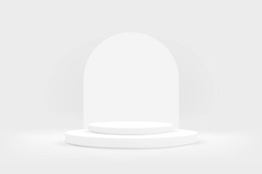 Silindir podyumlu küçük bir sahne. Ürün, afiş, satış, sunum, kozmetik ve indirim için sahne modeli gösterisi. 3d vektör illüstrasyonu