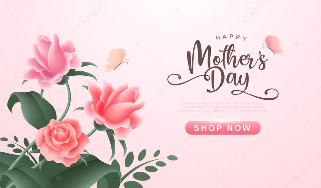 Happy Mother's day with beautiful flowers on soft pink background. Vintage greeting or invitation card vector illustration design for mom day, valentine and wedding.