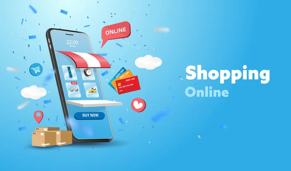 İnternet sitesi ve cep telefonu tasarımında online alışveriş mağazası. Akıllı iş pazarlama konsepti. Yatay görüş. Vektör İllüstrasyonu.