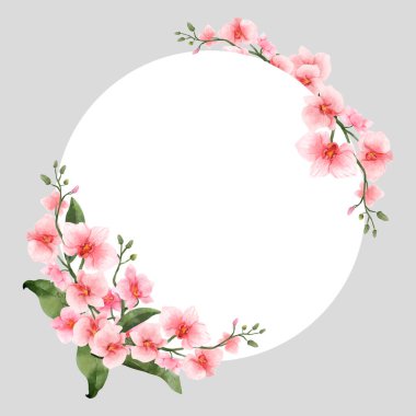 Pink Orchid Flowers watercolor border for wedding, greeting or invitation card isolated. Vintage flowers frame for summer or spring template. Vector illustration.