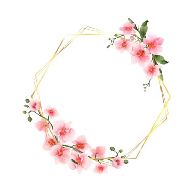 Pink Orchid Flowers watercolor border for wedding, greeting or invitation card isolated. Luxury vintage flowers with shiny gold frame for summer or spring template. Vector illustration.