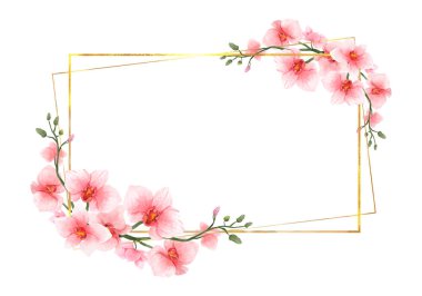 Pembe Orkide Çiçekleri düğün, selamlama ya da davetiye kartı için suluboya sınırı. Yaz ya da bahar şablonu için parlak altın çerçeveli lüks klasik çiçekler. Vektör illüstrasyonu.